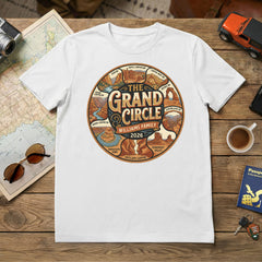 Personalized Grand Circle Family Vacation themed custom white t-shirt in adult and youth sizes featuring names of National Parks in a circle badge design.