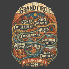 Detail of Personalized Grand Circle Family Vacation themed custom charcoal t-shirts in adult and youth sizes featuring names of National Parks in a rounded badge design.