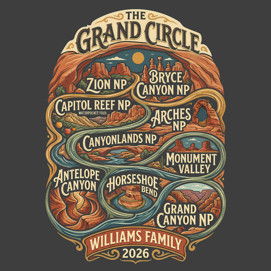 Detail of Personalized Grand Circle Family Vacation themed custom charcoal t-shirts in adult and youth sizes featuring names of National Parks in a rounded badge design.
