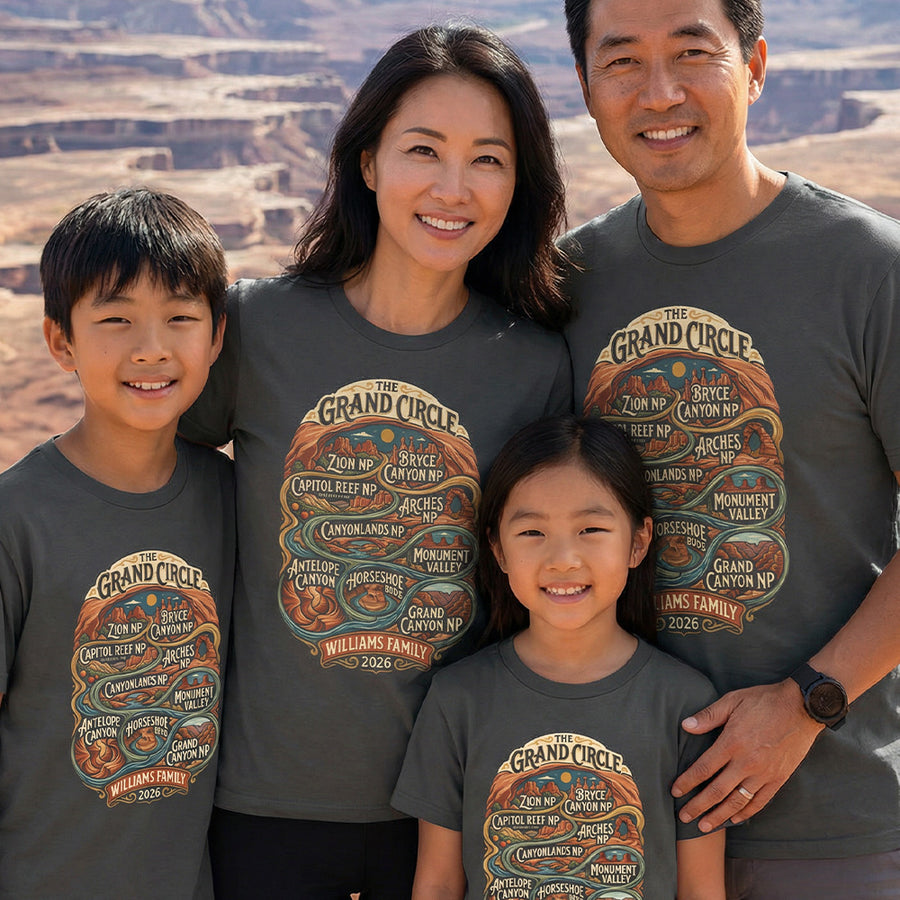 Family wearing matching Personalized Grand Circle Family Vacation themed custom charcoal t-shirts in adult and youth sizes featuring names of National Parks in an rounded badge design.