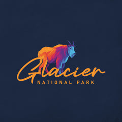 The Glacier – Mountain Goat Script T-Shirt features a colorful mountain goat above bold orange "Glacier National Park" script on a dark blue background—ideal as a Montana souvenir or for Glacier National Park fans.