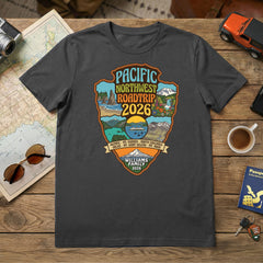 Personalized Pacific Northwest Road Trip Themed Custom charcoal t-shirt  featuring Olympic, Mt. Rainier, North Cascades, Mt. Saint Helens and Mt. Hood for matching vacation apparel.