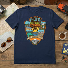 Personalized Pacific Northwest Road Trip Themed Custom navy t-shirt  featuring Olympic, Mt. Rainier, North Cascades, Mt. Saint Helens and Mt. Hood for matching vacation apparel.