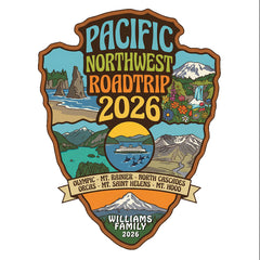 Personalized Pacific Northwest Road Trip Themed Custom Design for white T-shirt  featuring Olympic, Mt. Rainier, North Cascades, Mt. Saint Helens and Mt. Hood for matching vacation apparel.