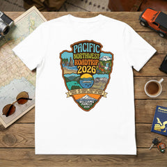Personalized Pacific Northwest Road Trip Themed Custom white T-shirt  featuring Olympic, Mt. Rainier, North Cascades, Mt. Saint Helens and Mt. Hood for matching vacation apparel.