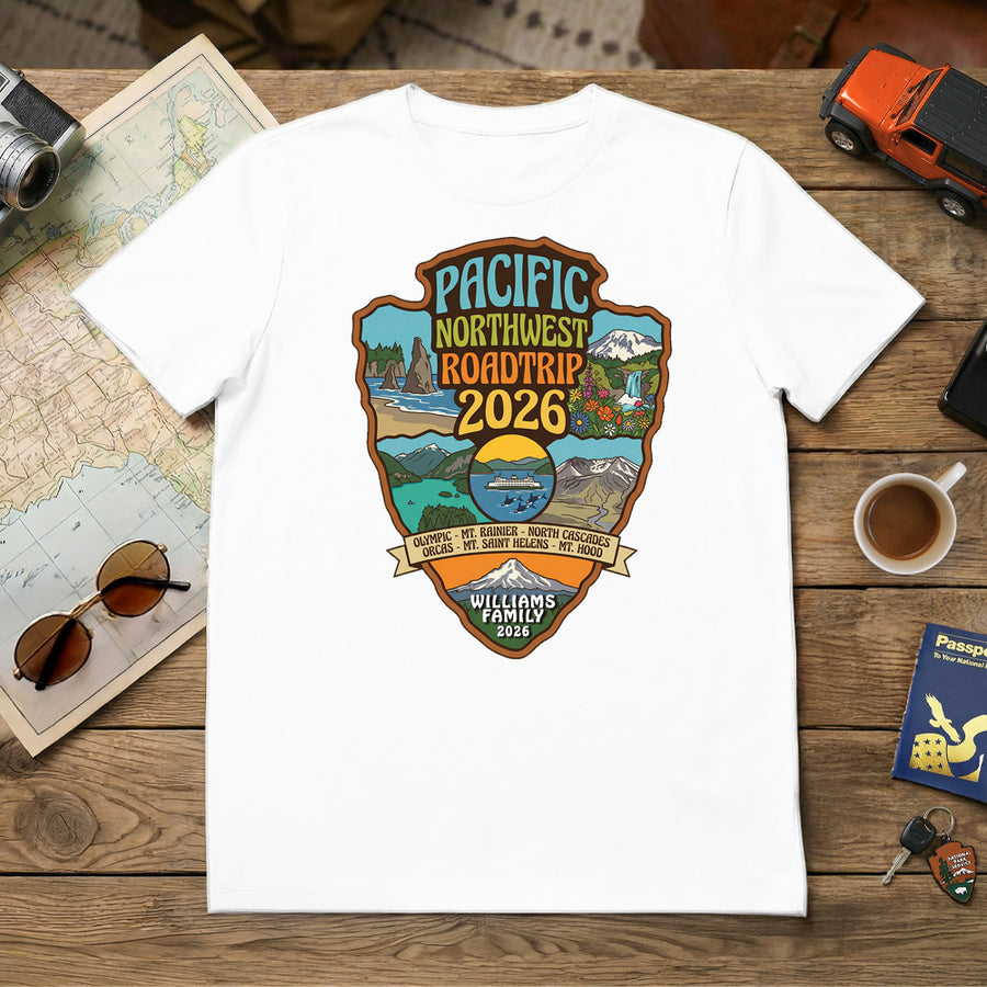 Personalized Pacific Northwest Road Trip Themed Custom white T-shirt  featuring Olympic, Mt. Rainier, North Cascades, Mt. Saint Helens and Mt. Hood for matching vacation apparel.
