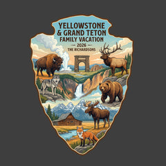 Personalized Yellowstone and Grand Teton Family Vacation themed custom charcoal t-shirt design featuring wildlife and scenery from Yellowstone National Park and Grand Teton National Park for matching road trip tshirts.