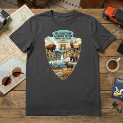 Personalized Yellowstone and Grand Teton Family Vacation themed custom charcoal t-shirt featuring wildlife and scenery from Yellowstone National Park and Grand Teton National Park for matching road trip tshirts.