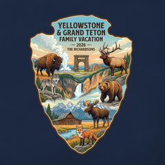 Personalized Yellowstone and Grand Teton Family Vacation themed custom navy t-shirt design featuring wildlife and scenery from Yellowstone National Park and Grand Teton National Park for matching road trip tshirts.