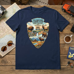Personalized Yellowstone and Grand Teton Family Vacation themed custom navy t-shirt featuring wildlife and scenery from Yellowstone National Park and Grand Teton National Park for matching road trip tshirts.