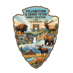 Personalized Yellowstone and Grand Teton Family Vacation themed custom white t-shirt design featuring wildlife and scenery from Yellowstone National Park and Grand Teton National Park for matching road trip tshirts.