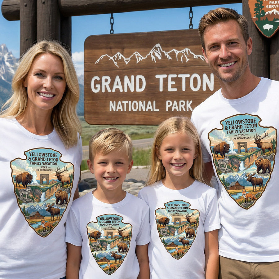 Family wearing matching Personalized Yellowstone and Grand Teton Family Vacation themed custom white t-shirts in adult and youth sizes featuring wildlife and scenery from Yellowstone National Park and Grand Teton National Park.
