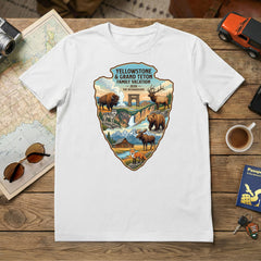 Personalized Yellowstone and Grand Teton Family Vacation themed custom white t-shirt  featuring wildlife and scenery from Yellowstone National Park and Grand Teton National Park for matching road trip tshirts.