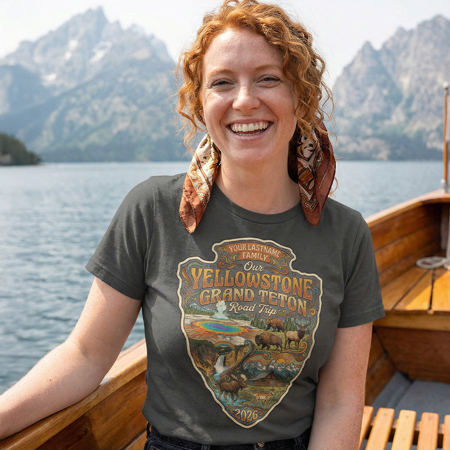 Yellowstone and Grand Teton - Retro Arrow T-Shirt