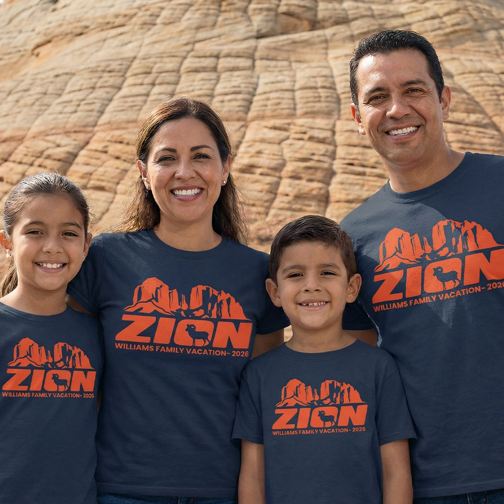Family wearing a Personalized Zion National Park Custom Design navy T-shirt  featuring wildlife and scenery for matching vacation shirts.