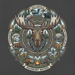 Detail view of Moose Mandala - Northern Waters Road Trip Tshirt featuring Isle Royale, Pictured Rocks, Voyageurs and Boundary Waters in charcoal.
