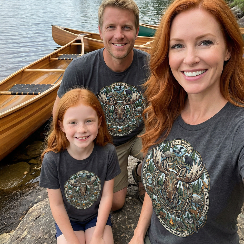 Family wearing our Moose Mandala - Northern Waters Road Trip Tshirt featuring Isle Royale, Pictured Rocks, Voyageurs and Boundary Waters in charcoal.
