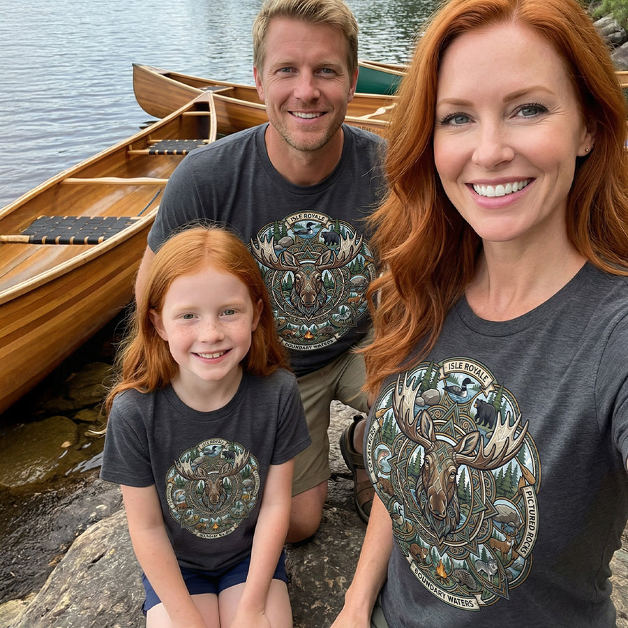 Family wearing our Moose Mandala - Northern Waters Road Trip Tshirt featuring Isle Royale, Pictured Rocks, Voyageurs and Boundary Waters in charcoal.