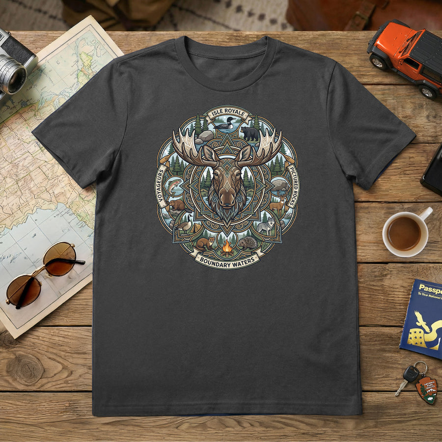 Moose Mandala - Northern Waters Road Trip Tshirt featuring Isle Royale, Pictured Rocks, Voyageurs and Boundary Waters in charcoal.