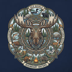 Detail view of Moose Mandala - Northern Waters Road Trip Tshirt featuring Isle Royale, Pictured Rocks, Voyageurs and Boundary Waters in navy.