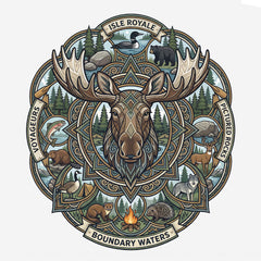Detail view of Moose Mandala - Northern Waters Road Trip Tshirt featuring Isle Royale, Pictured Rocks, Voyageurs and Boundary Waters in white.