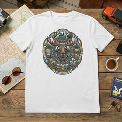 Moose Mandala - Northern Waters Road Trip Tshirt featuring Isle Royale, Pictured Rocks, Voyageurs and Boundary Waters in white.