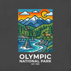 Detail of Olympic National Park Mosaic graphic on a charcoal t-shirt.