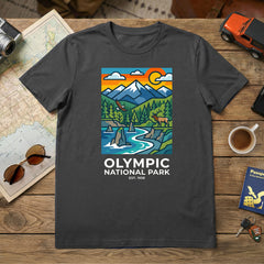 Olympic National Park Mosaic graphic on a charcoal t-shirt.