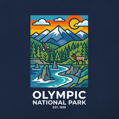 Detail of Olympic National Park Mosaic graphic on a navy t-shirt.