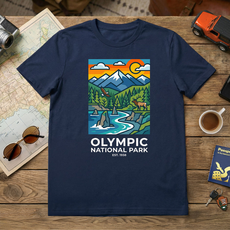 Olympic National Park Mosaic graphic on a blue t-shirt.