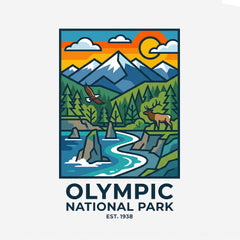 Detail of Olympic National Park Mosaic graphic on a white t-shirt.
