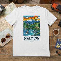 Olympic National Park Mosaic graphic on a white t-shirt.