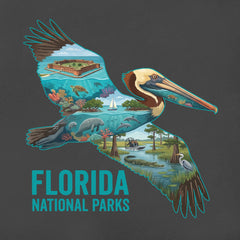 Florida National Parks Pelican Charcoal T-Shirt detail featuring Everglades, Dry Tortugas, Big Cyprus and Biscayne