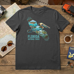 Florida National Parks Pelican Charcoal T-Shirt featuring Everglades, Dry Tortugas, Big Cyprus and Biscayne