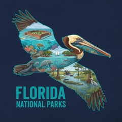 Florida National Parks Pelican Navy T-Shirt detail featuring Everglades, Dry Tortugas, Big Cyprus and Biscayne