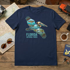 Florida National Parks Pelican Navy T-Shirt featuring Everglades, Dry Tortugas, Big Cyprus and Biscayne