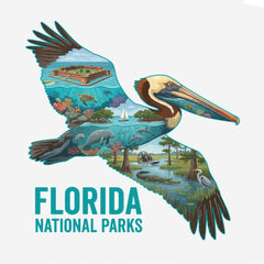 Florida National Parks Pelican White T-Shirt detail featuring Everglades, Dry Tortugas, Big Cyprus and Biscayne