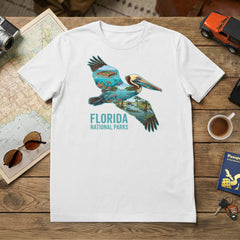 Florida National Parks Pelican White T-Shirt featuring Everglades, Dry Tortugas, Big Cyprus and Biscayne