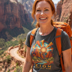 Model wearing radiant sunburst Zion National Park Charcoal T-Shirt hiking Angels Landing.