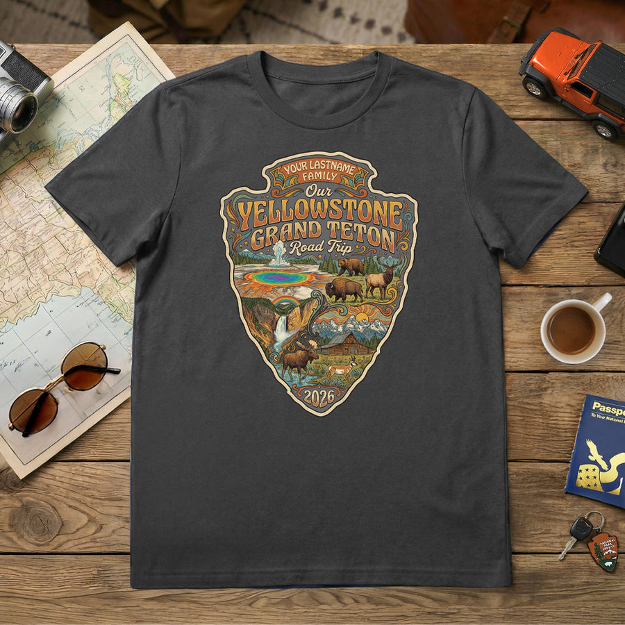 Yellowstone and Grand Teton - Retro Arrow T-Shirt