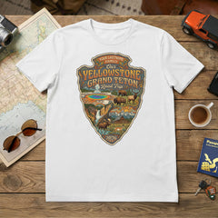 Yellowstone and Grand Teton - Retro Arrow T-Shirt
