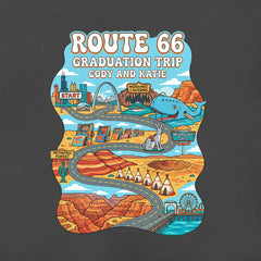 Detail view of a Personalized Route 66 Road Trip Tshirt Design in a Cartoon Style on a charcoal shirt