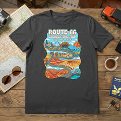 Personalized Route 66 Road Trip Tshirt Design in a Cartoon Style on a charcoal shirt