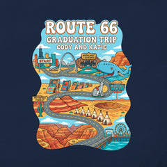 Detail view of a Personalized Route 66 Road Trip Tshirt Design in a Cartoon Style on a Navy Shirt