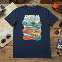 Personalized Route 66 Road Trip Tshirt Design in a Cartoon Style on a navy shirt