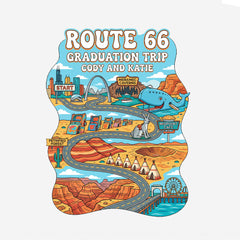 Detail view of a Personalized Route 66 Road Trip Tshirt Design in a Cartoon Style on a white shirt