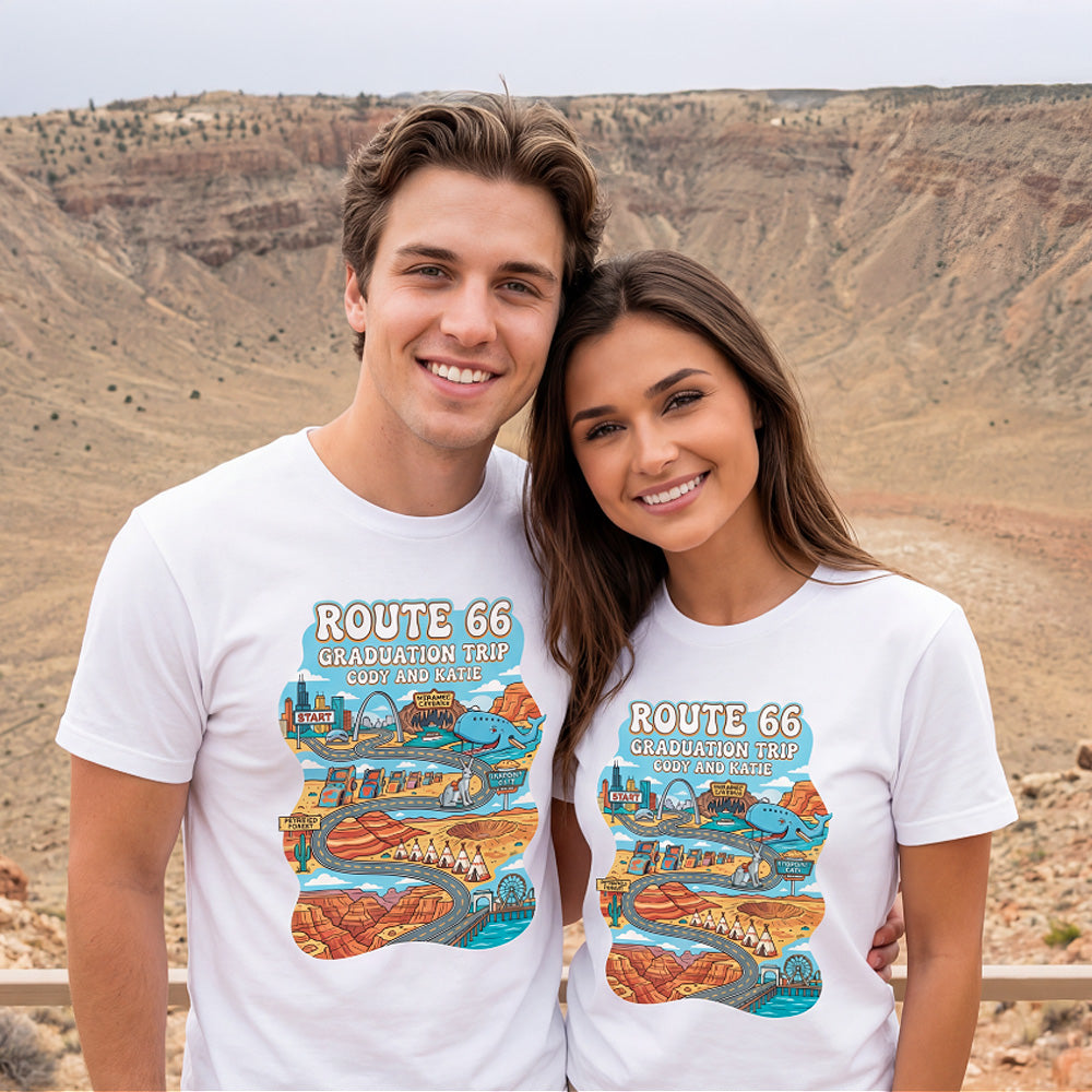 Models posing in their personalized Route 66 Road Trip Tshirt Design in a Cartoon Style wearing  white shirt.