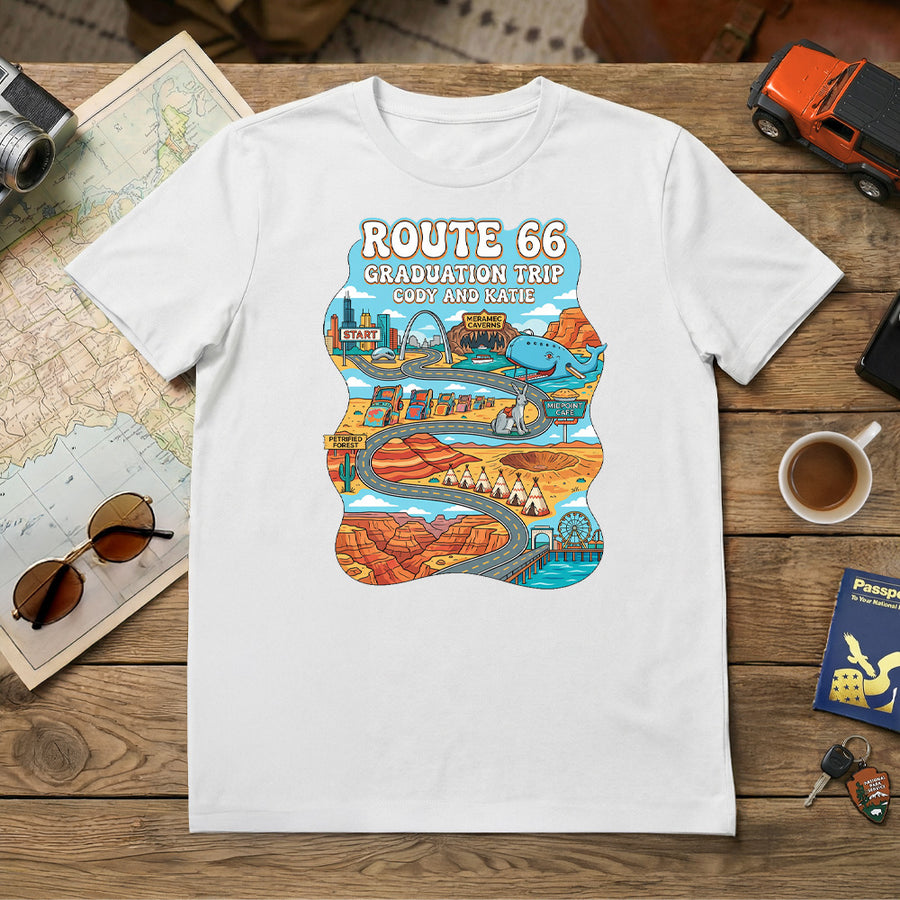 Personalized Route 66 Road Trip Tshirt Design in a Cartoon Style on a white shirt