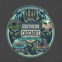 Detail View of Circle of Discovery - Southern Cascades - Badge Design - Charcoal Tshirt featuring Crater Lake, Redwoods, Oregon Caves, Lava Tubes, and Lassen Volcanic National Parks.