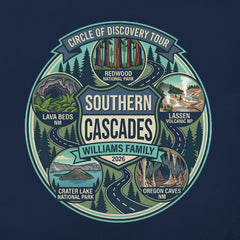 Detail View of Circle of Discovery - Southern Cascades - Badge Design - Navy Tshirt featuring Crater Lake, Redwoods, Oregon Caves, Lava Tubes, and Lassen Volcanic National Parks.